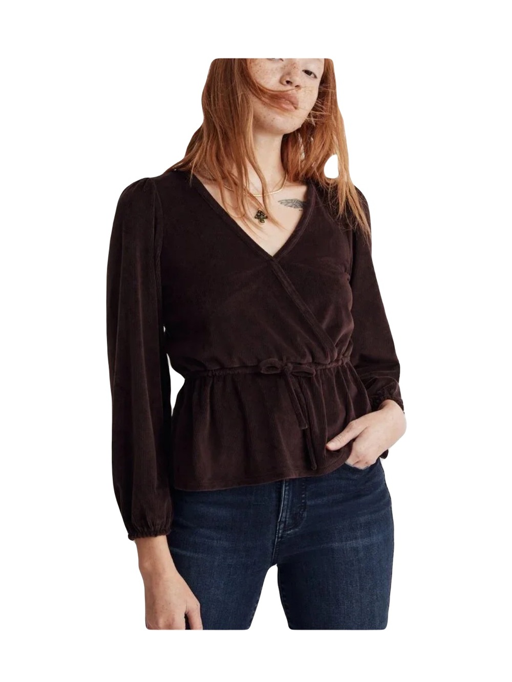 Madewell corduroy tie front faux wrap peplum burgundy blouse top XL